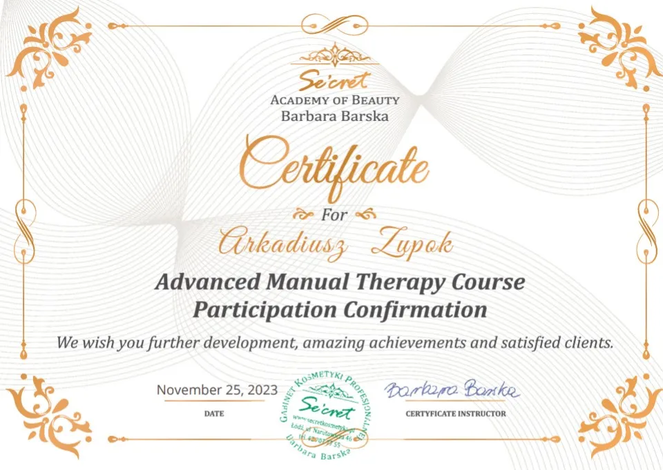 Zertifikat Advanced Manual Therapy – Secret Academy of Beauty, 2023