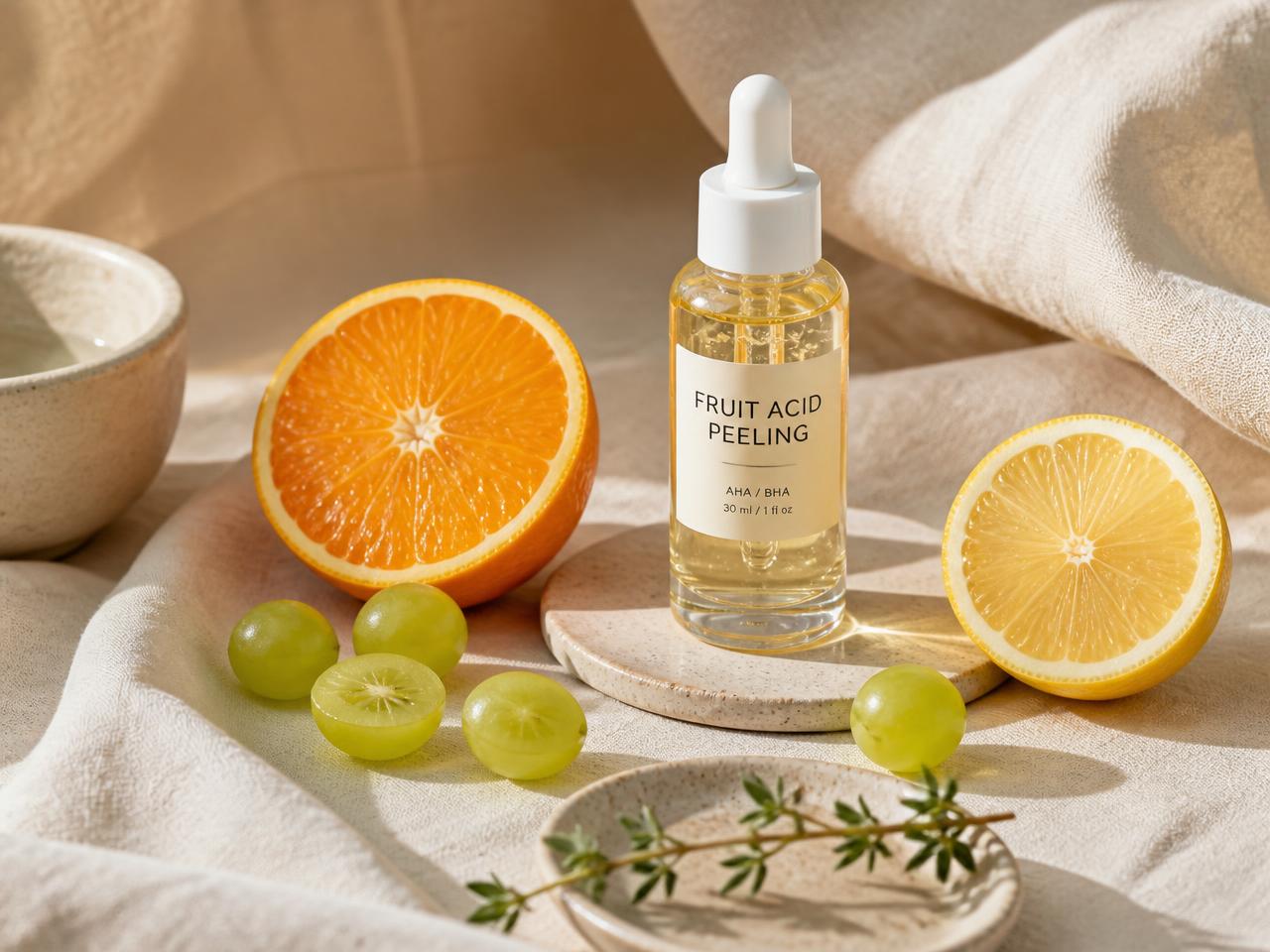 Fruchtsäurepeeling: Serumflasche mit Pipette, Orange, Zitrone und Weintrauben auf hellem Leinen