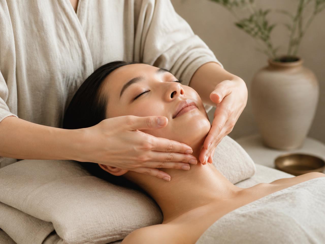 Kobido-Massage: sanfte, präzise Handgriffe an Gesicht und Hals in heller, natürlicher Atmosphäre