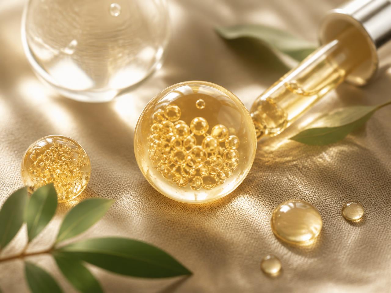 Liposomen-Konzept: goldene Serumkugeln und Pipette auf hellem Leinen mit grünen Blättern