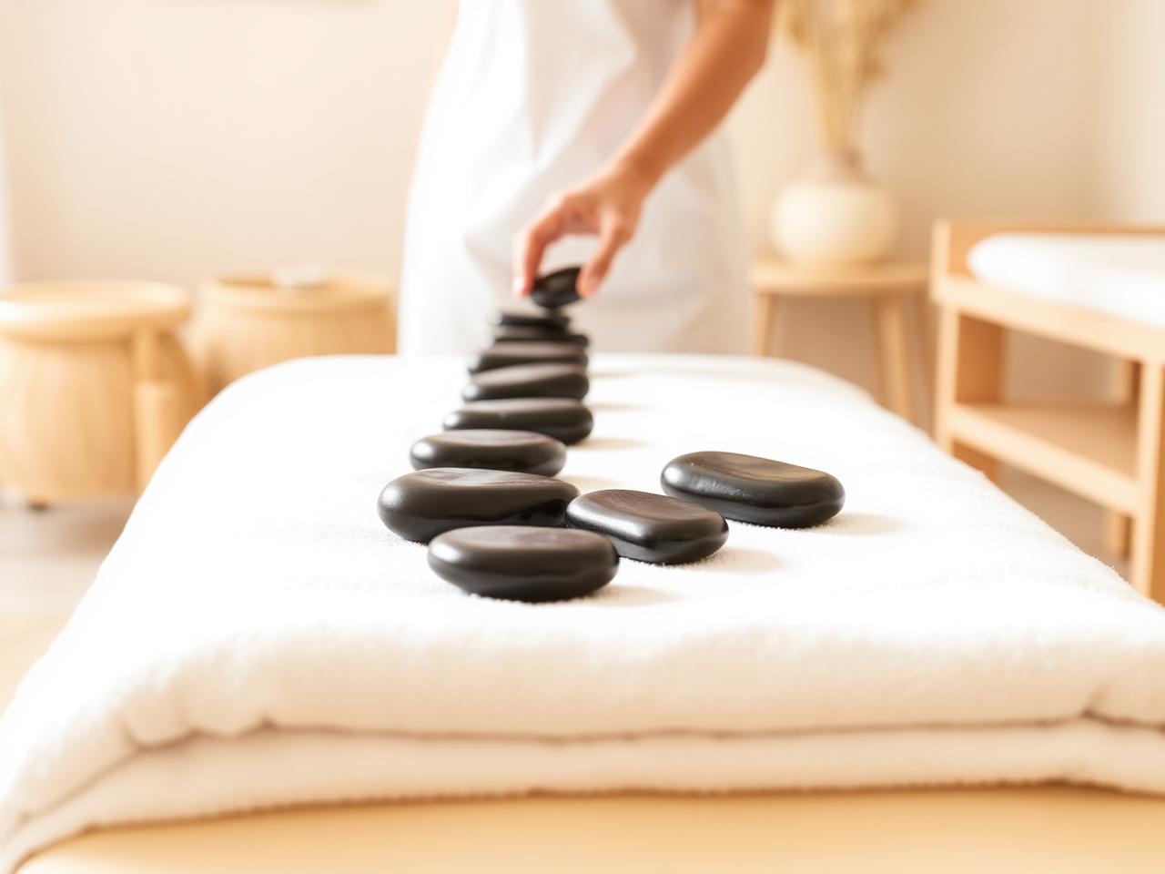 Hot-Stone-Massage: warme Basaltsteine werden auf der Liege ausgelegt